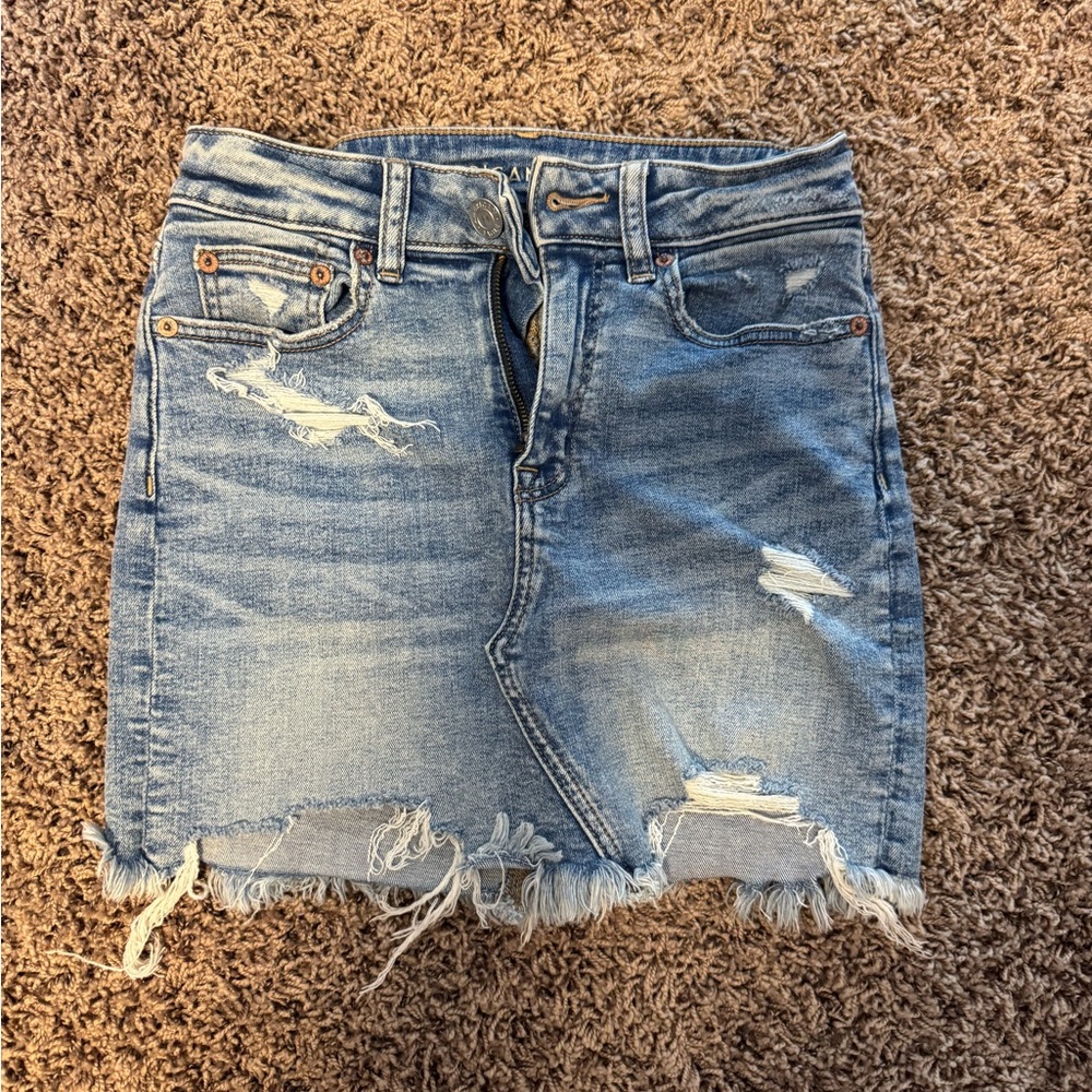 American Eagle Outfitters Light Blue Distressed Denim Mini Skirt